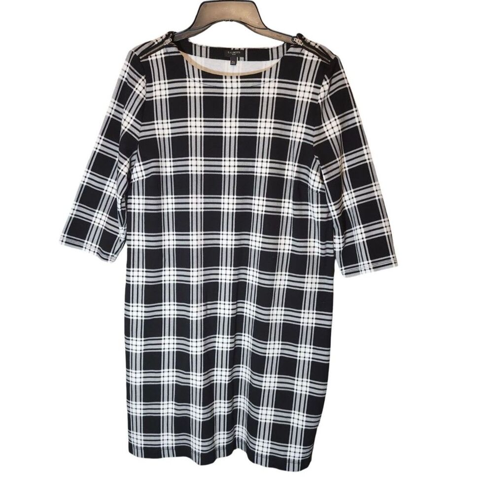 Talbots Petite Black White Plaid Zip Shoulder Shift Dress